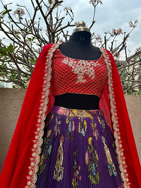 Red & Purple Kalamkari Lehenga - Elegant Indian Ethnic Wear for Women Available at MyRiti