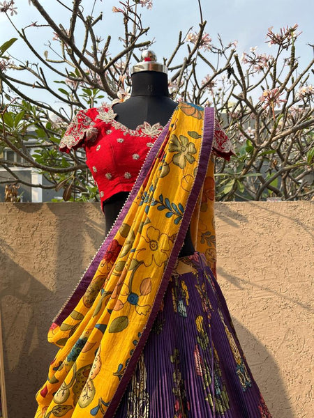 Stunning Red & Purple Kalamkari Silk Lehenga - Traditional Indian Ethnic Wear for Women at MyRiti
