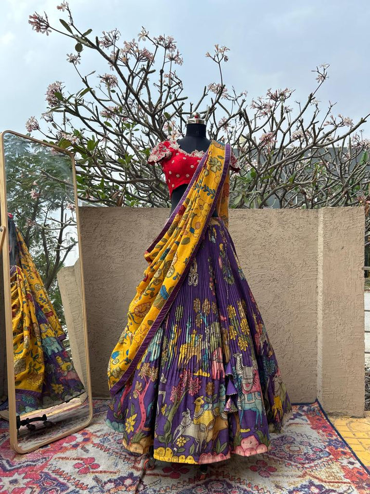 Stunning Red & Purple Kalamkari Silk Lehenga - Traditional Indian Ethnic Wear for Women at MyRiti