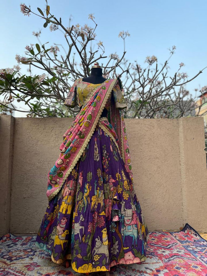 Handcrafted Green & Purple Kalamkari Lehenga - Traditional Indian Ethnic Wear for Women at MyRiti