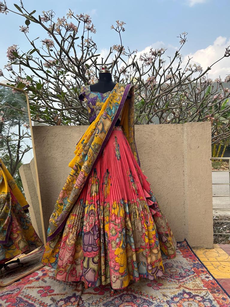 Purple & Pink Kalamkari Silk Lehenga