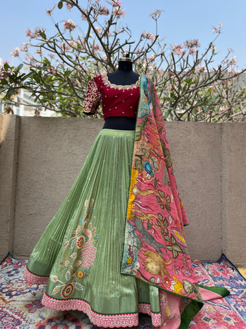 Stunning Pista Ruffle Butterfly Net Thread Embroidered Lehenga –  ajmera-retail