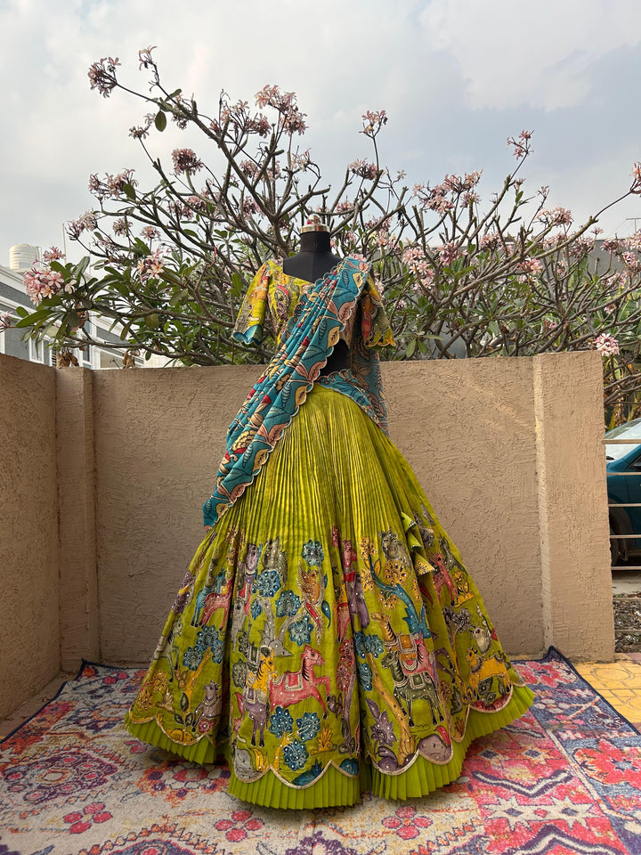 Parrot Green Bridal Kalamkari Silk Lehenga