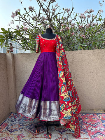 Red & Purple Kalamkari Silk Dress