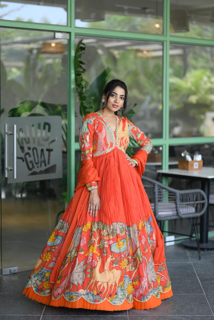 chinese dress ladies Orange Pen Kalamkari Silk Dress – myRiti