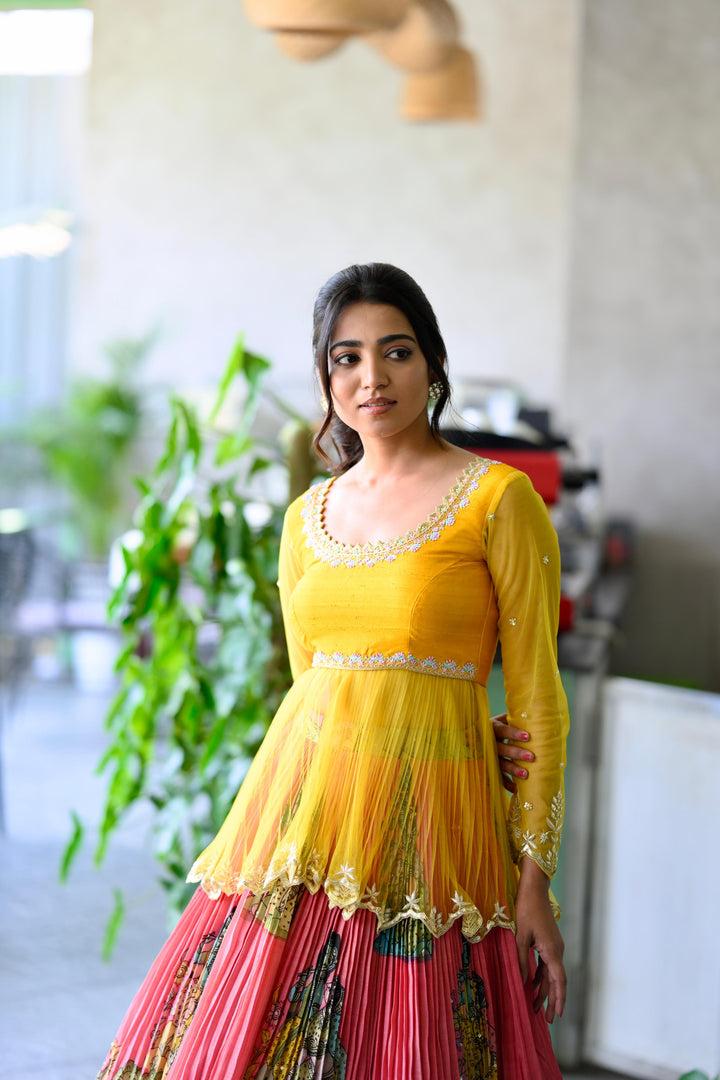 Yellow & Peach Kalamkari Lehenga