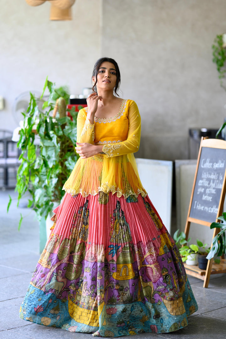 Yellow & Peach Kalamkari Lehenga