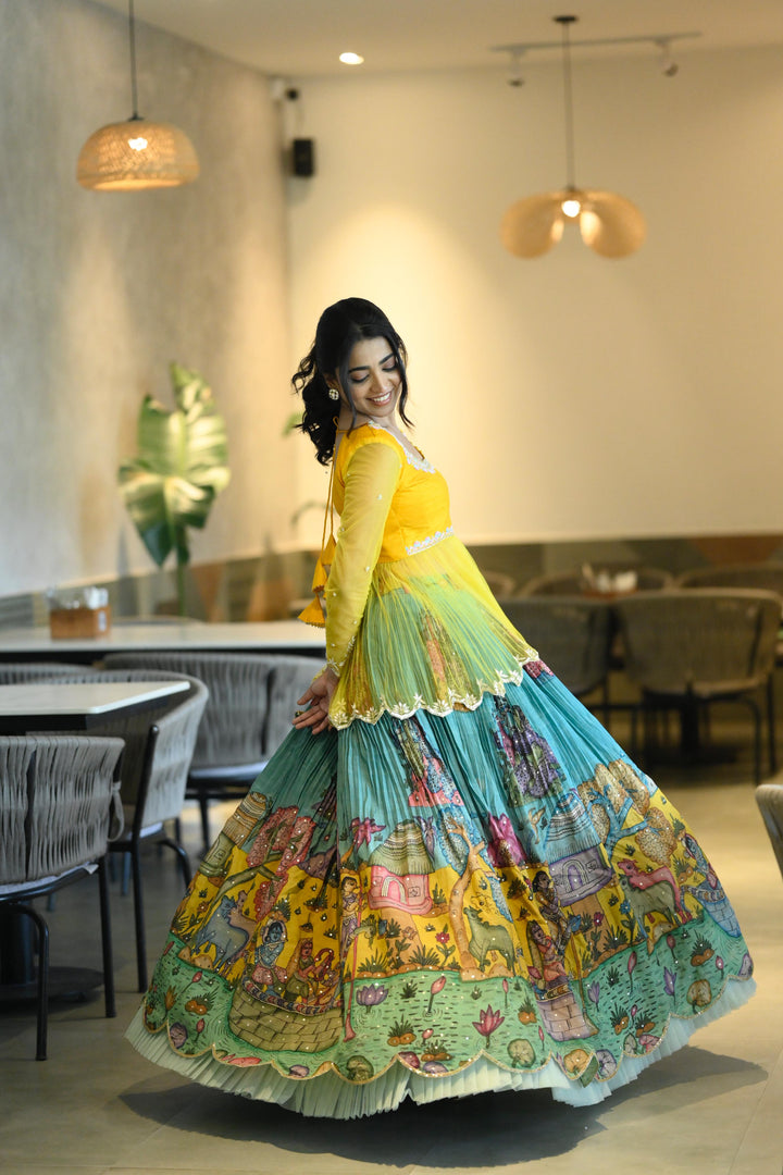 Yellow & Blue Kalamkari Lehenga