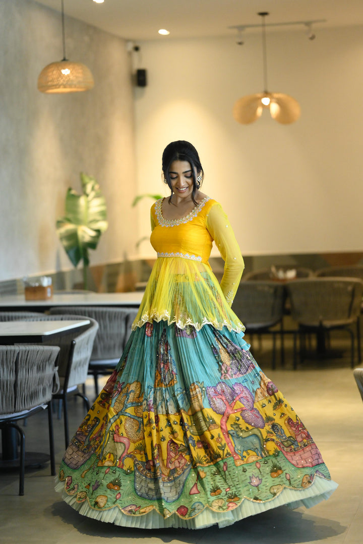 Yellow & Blue Kalamkari Lehenga