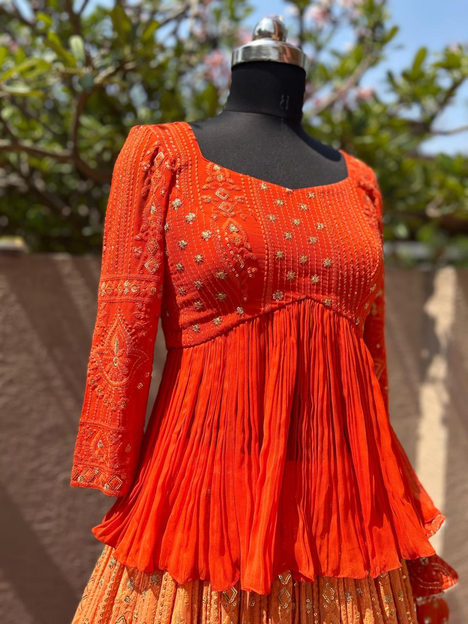 Orange Chikanakari Peplum Lehenga