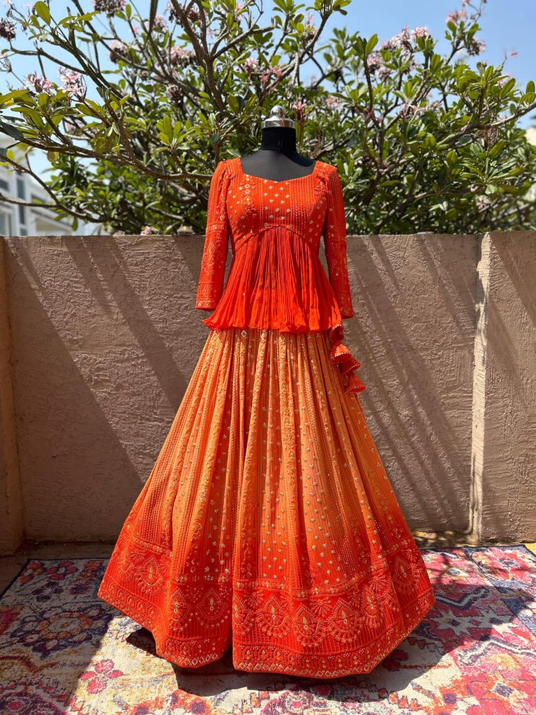 Orange Chikanakari Peplum Lehenga – myRiti