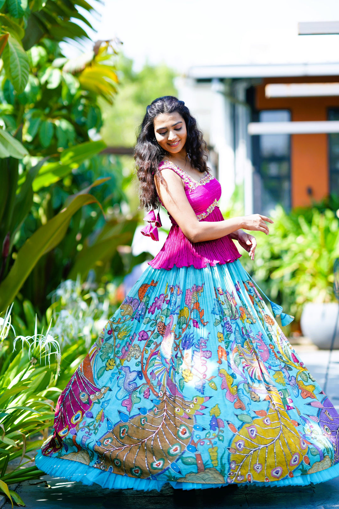 Pink & Sea Blue Kalamkari Lehenga