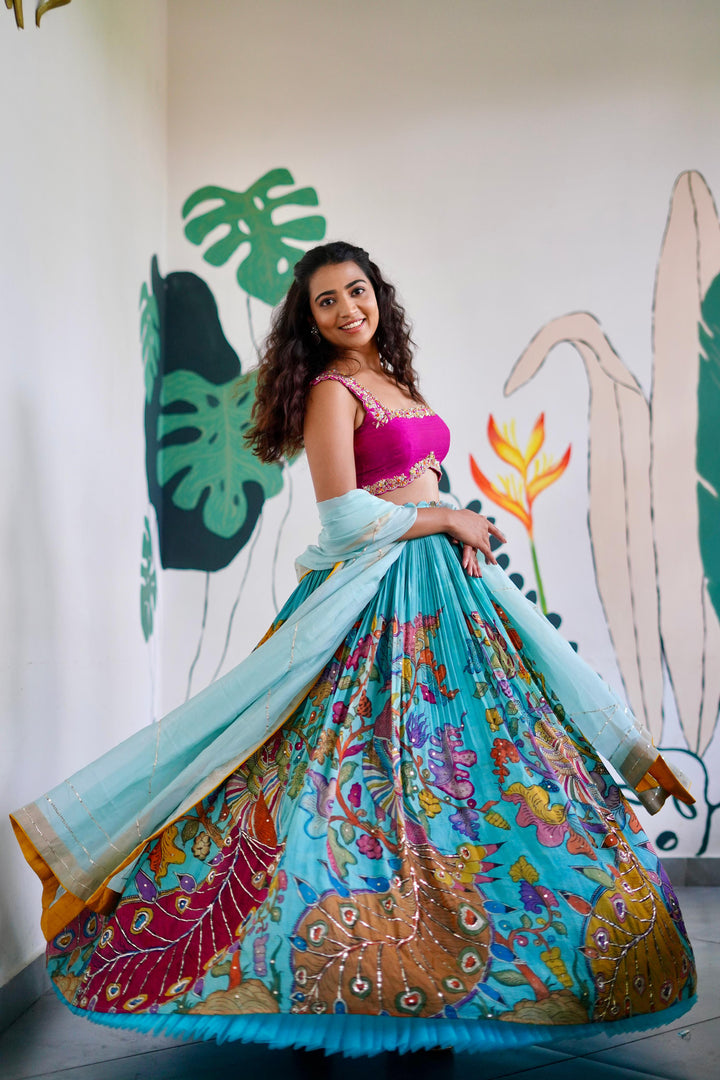 Pink & Sea Blue Kalamkari Lehenga