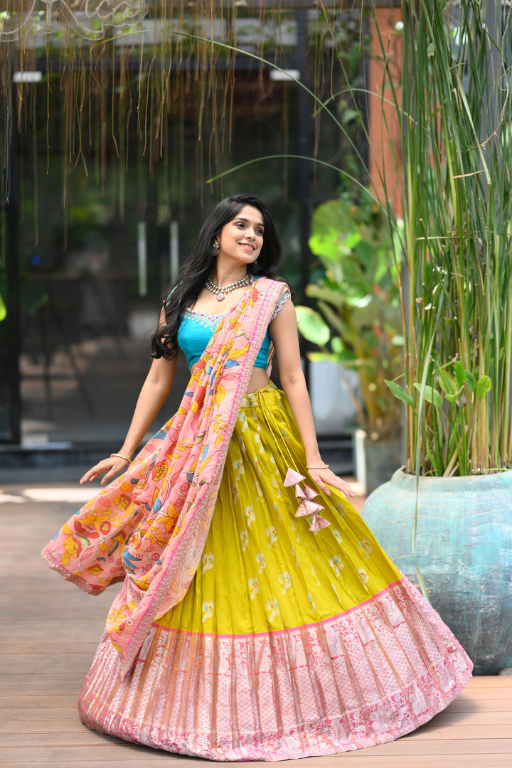 Blue & Yellow Silk Lehenga