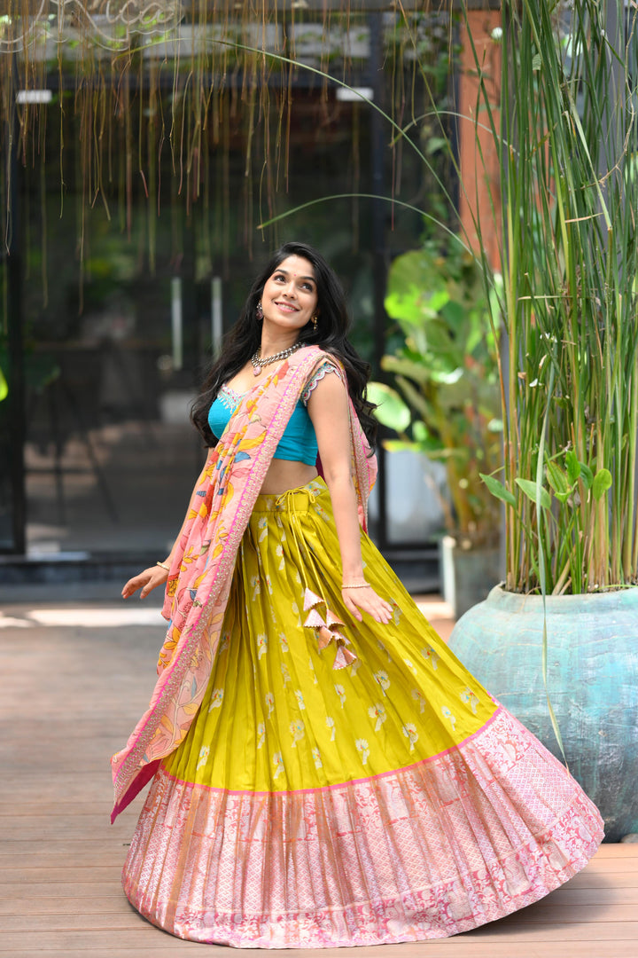 Blue & Yellow Silk Lehenga