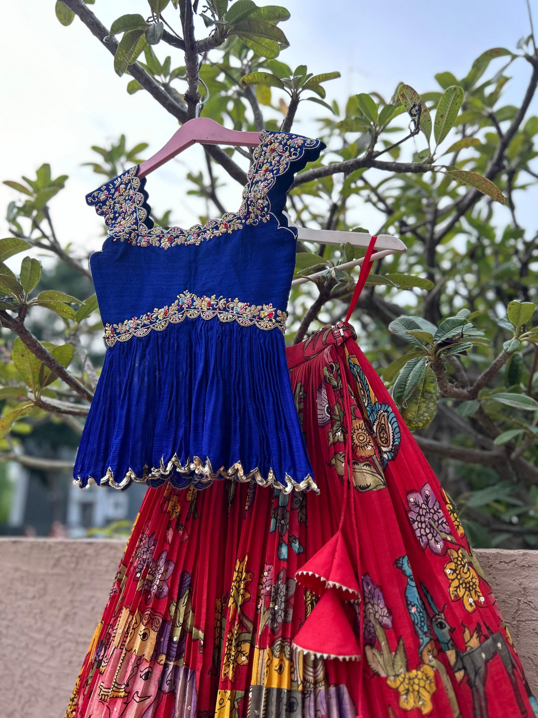 Red & Blue Kalamkari Lehenga