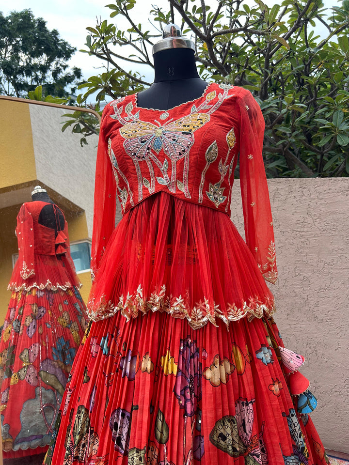 Peachish Orange Kalamkari Lehenga