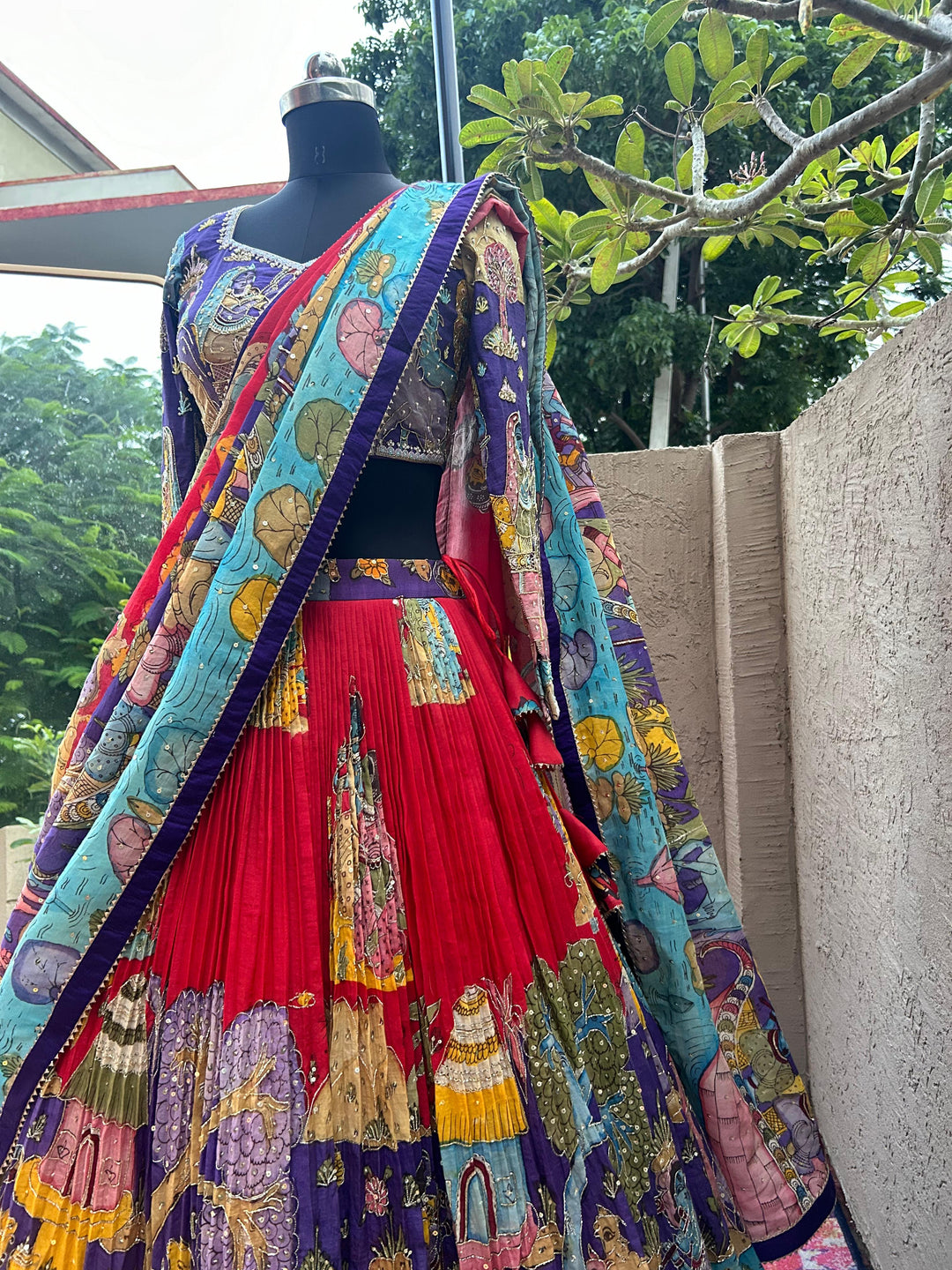 Blue & Red Kalamkari Silk Lehenga