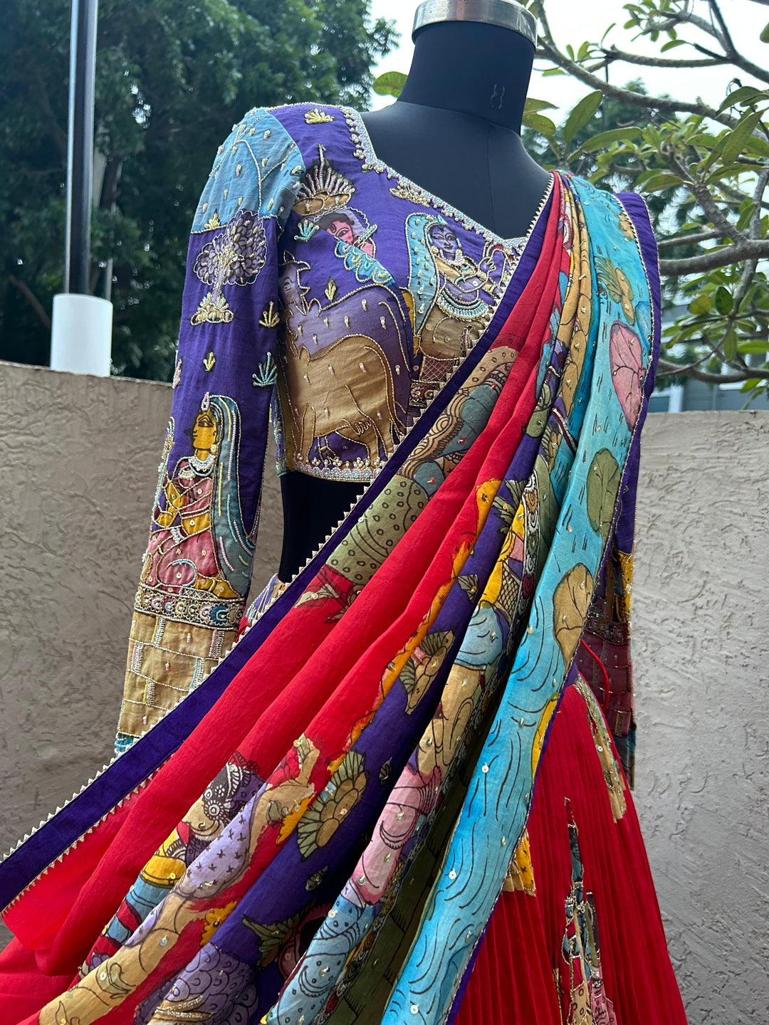 Blue & Red Kalamkari Silk Lehenga