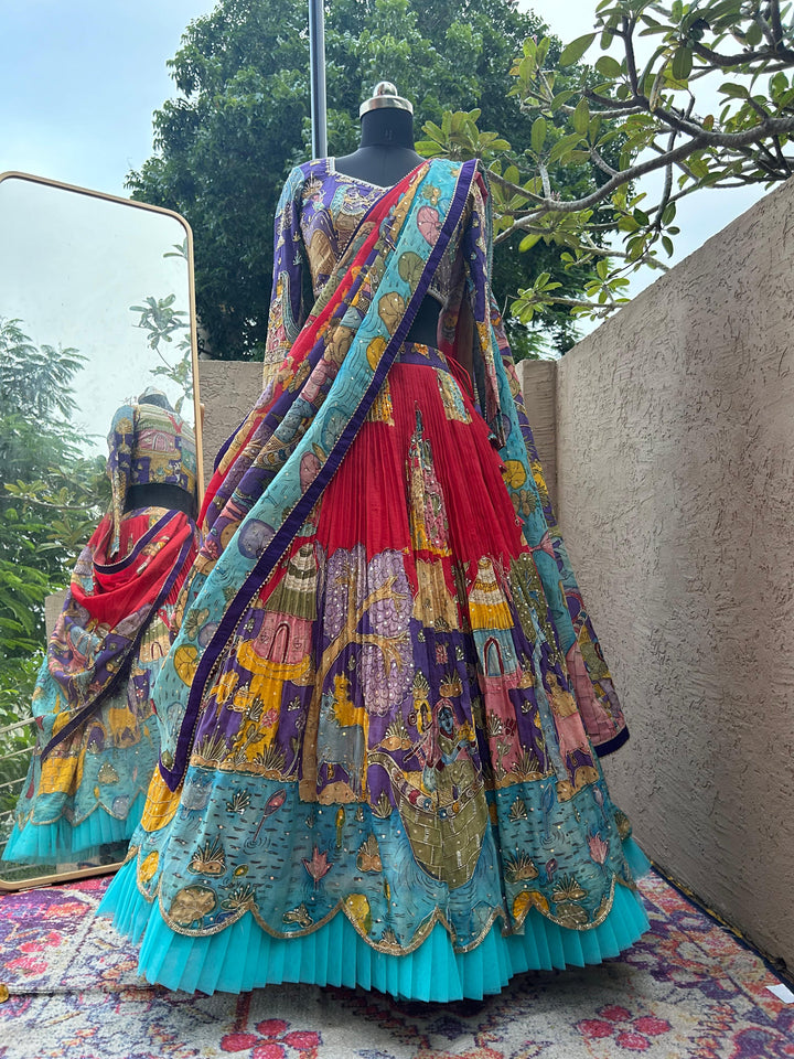 Blue & Red Kalamkari Silk Lehenga