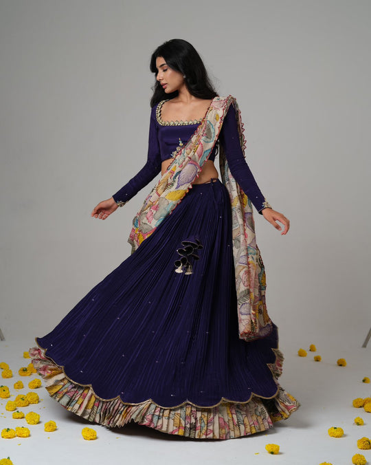 BLUE OMBRE EMBROIDERED CREPE SILK LEHENGA