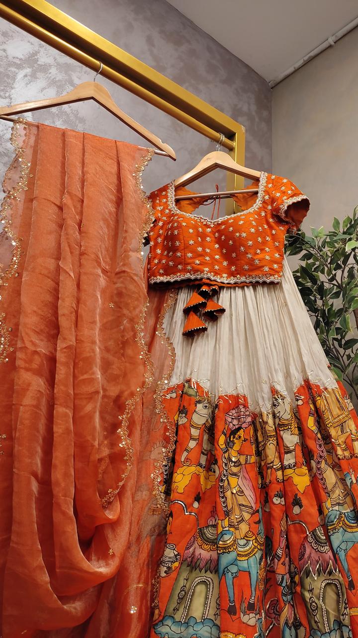 Orange Pen Kalamkari Lehenga