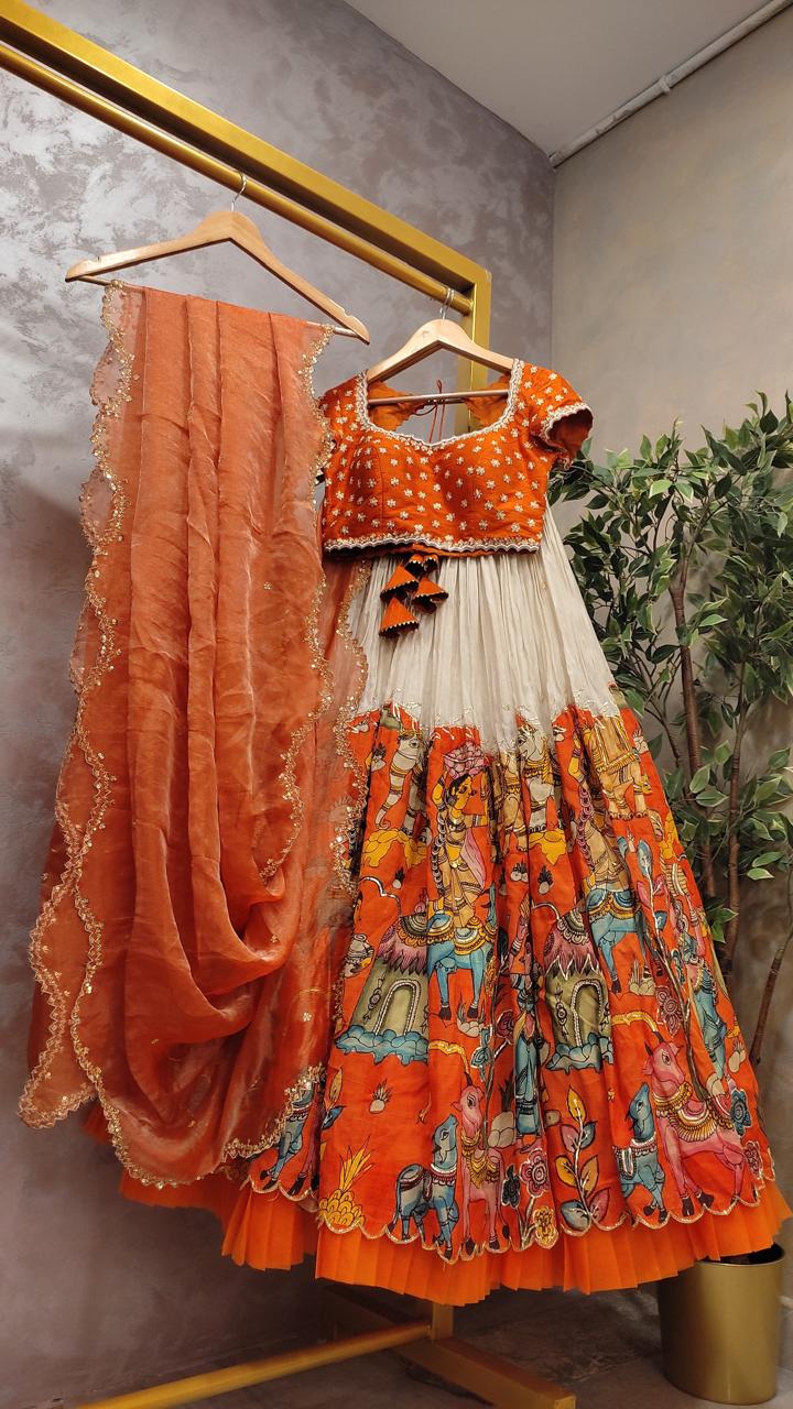 Orange Pen Kalamkari Lehenga