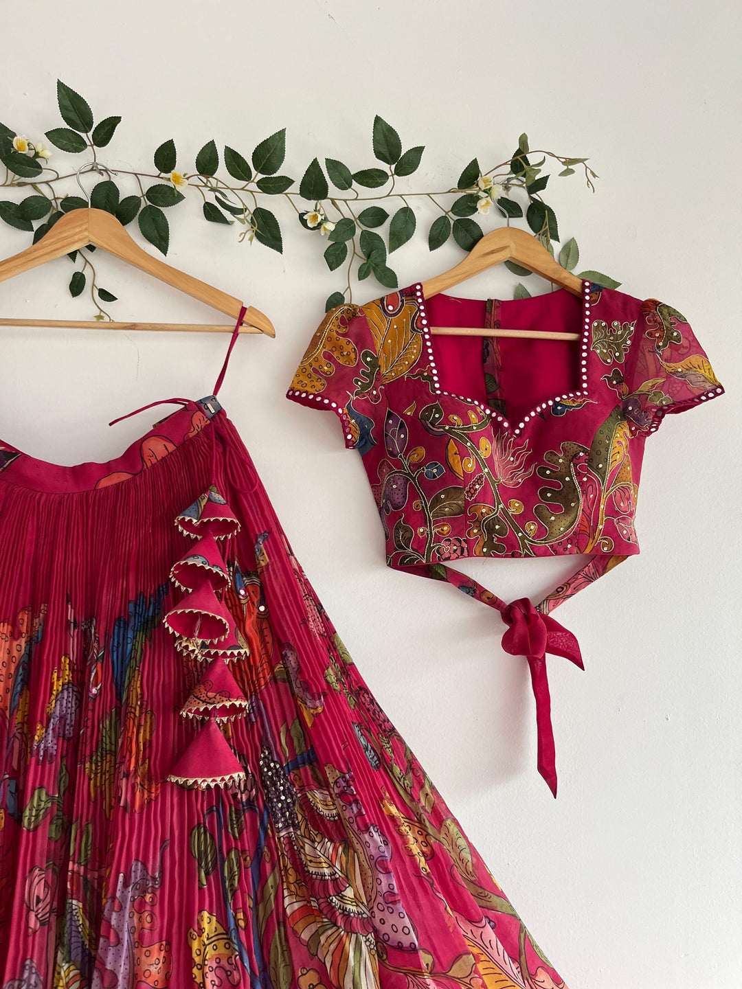 Magenta Organza Silk Pen Kalamkari Lehenga