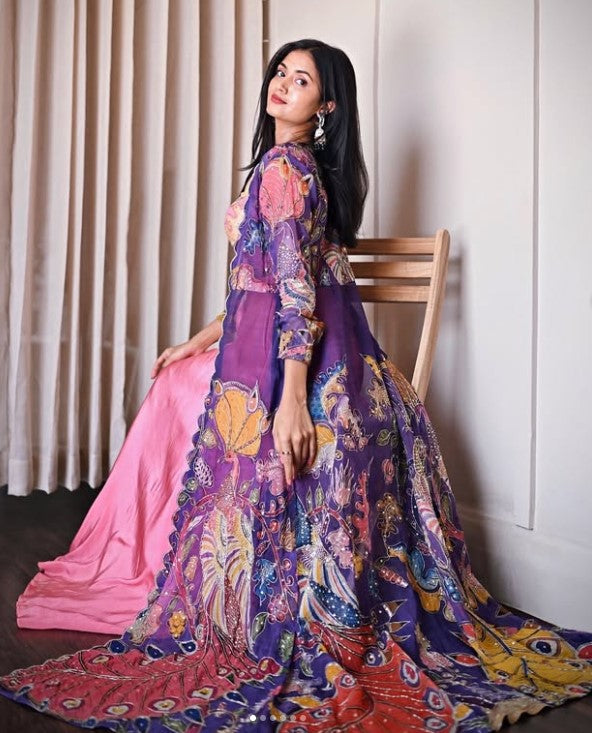 Purple Organza Silk Pen Kalamkari Lehenga