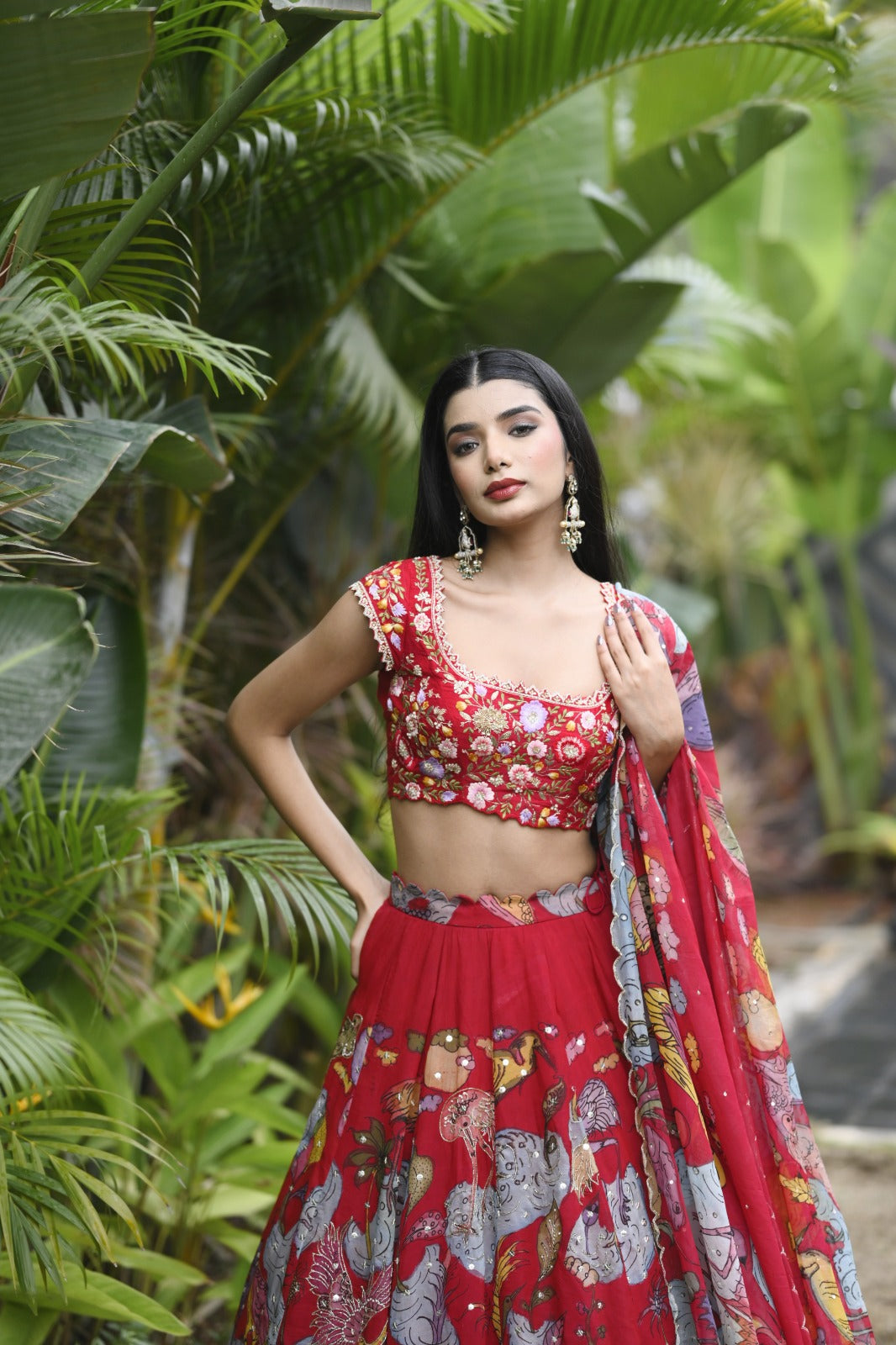 Red Organza Silk Pen Kalamkari Lehenga