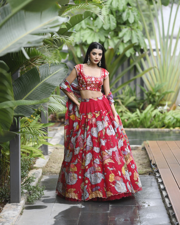 Red Organza Silk Pen Kalamkari Lehenga