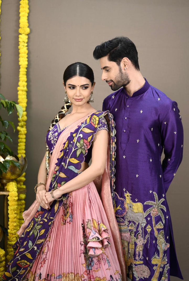 Pink and Purple Couple Kalamkari Silk Lehenga