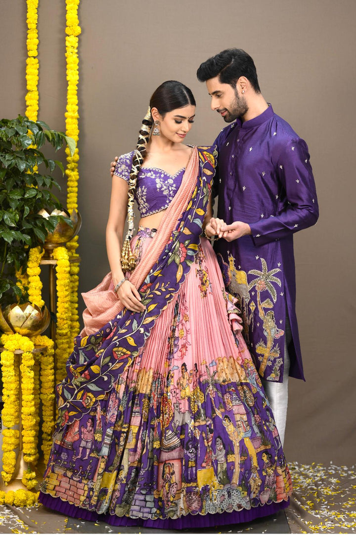 Pink and Purple Couple Kalamkari Silk Lehenga