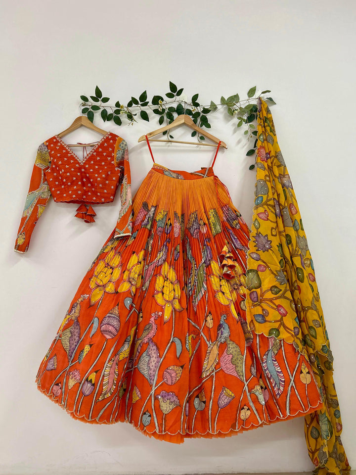 Orange Pen Kalamkari Lehenga