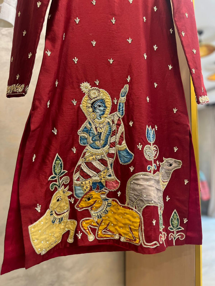 Dark Red Pen Kalamkari Kurta