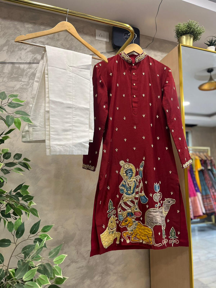 Dark Red Pen Kalamkari Kurta