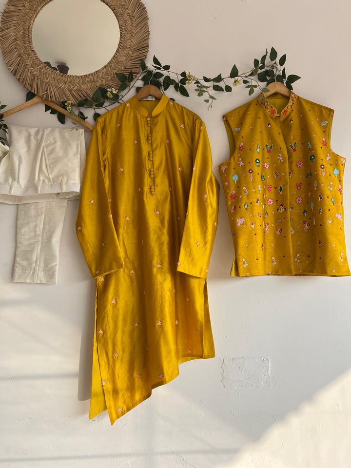 Yellow Rawsilk Jacket Set