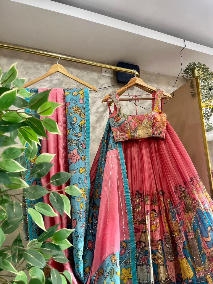 Pink & Blue Pen Kalamkari Lehenga