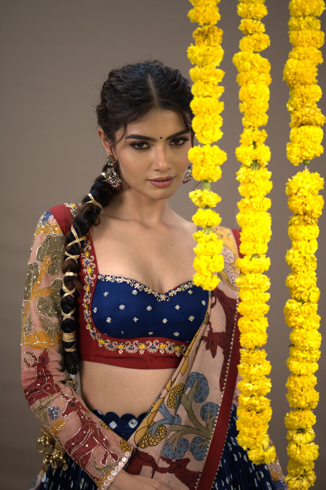 Dark Blue Bandhani Kalamkari Lehenga