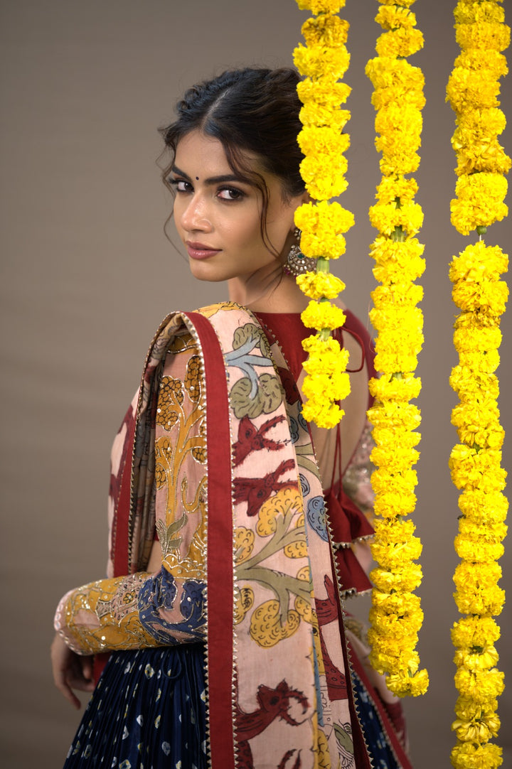 Dark Blue Bandhani Kalamkari Lehenga