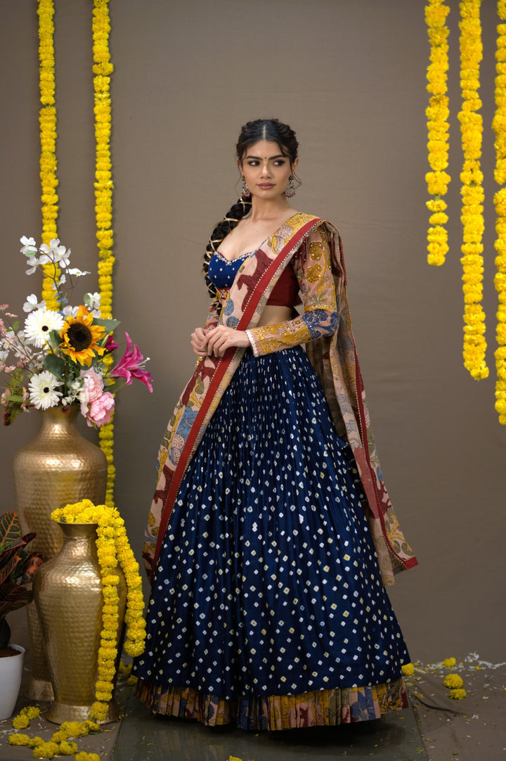 Dark Blue Bandhani Kalamkari Lehenga