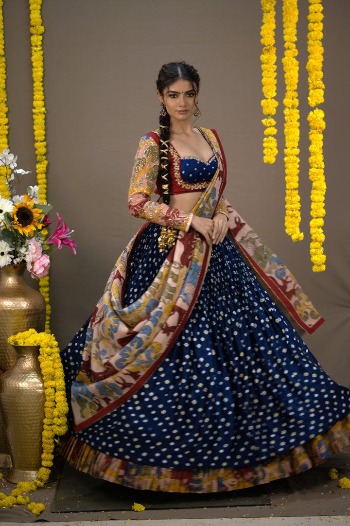 Dark Blue Bandhani Kalamkari Lehenga