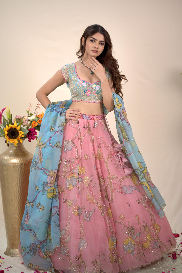 Blue & Pink Organza Silk Pen Kalamkari Lehenga