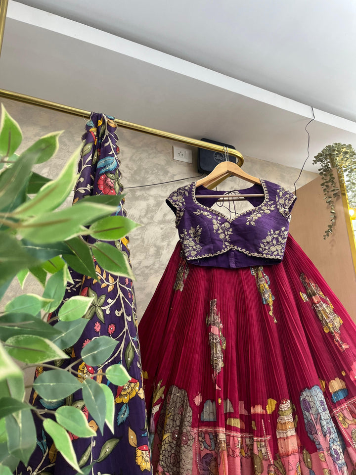 Purple & Magenta Pen Kalamkari Lehenga