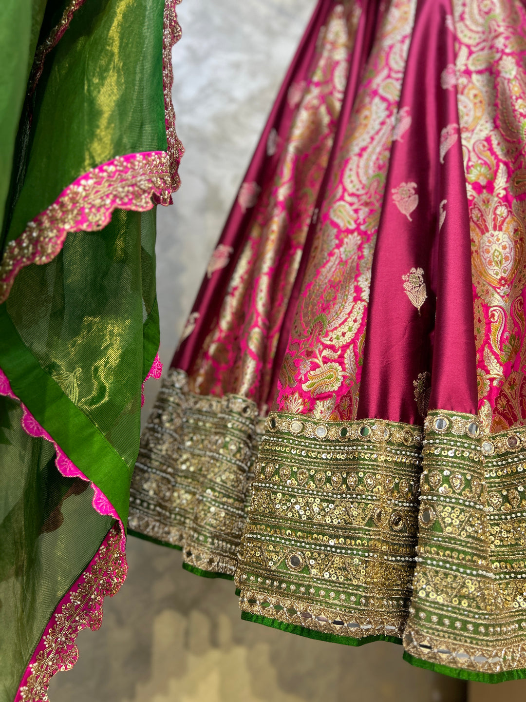 Pink & Green Banaras Silk Lehenga