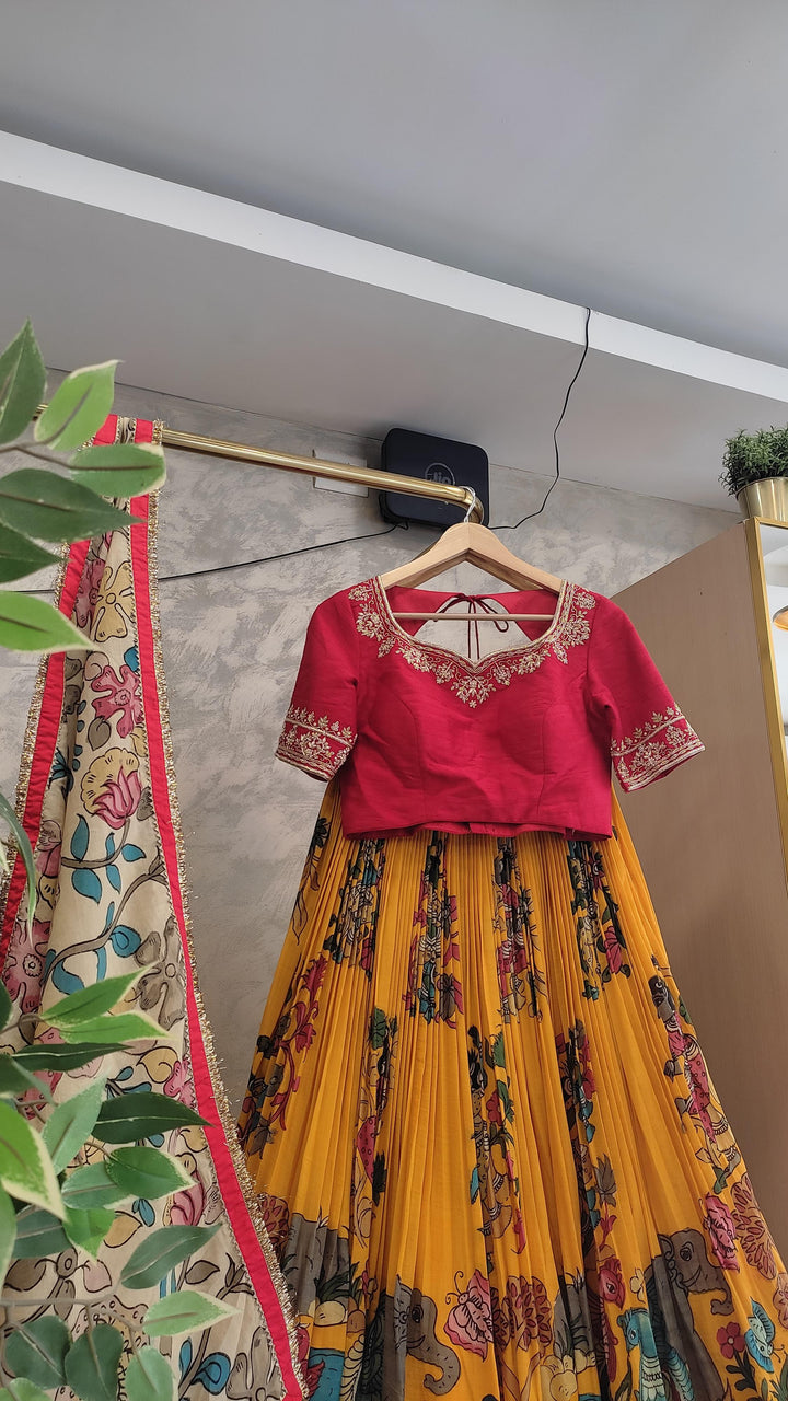 Red & Yellow Pen Kalamkari Lehenga