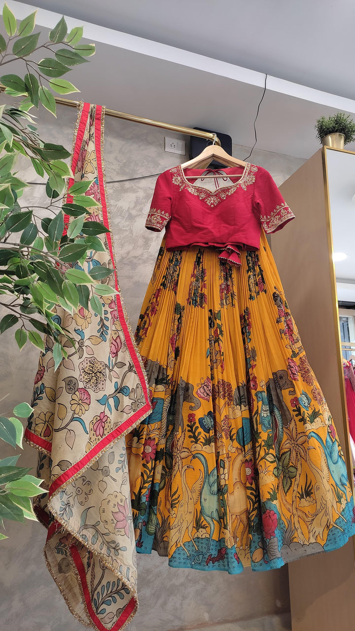 Red & Yellow Pen Kalamkari Lehenga