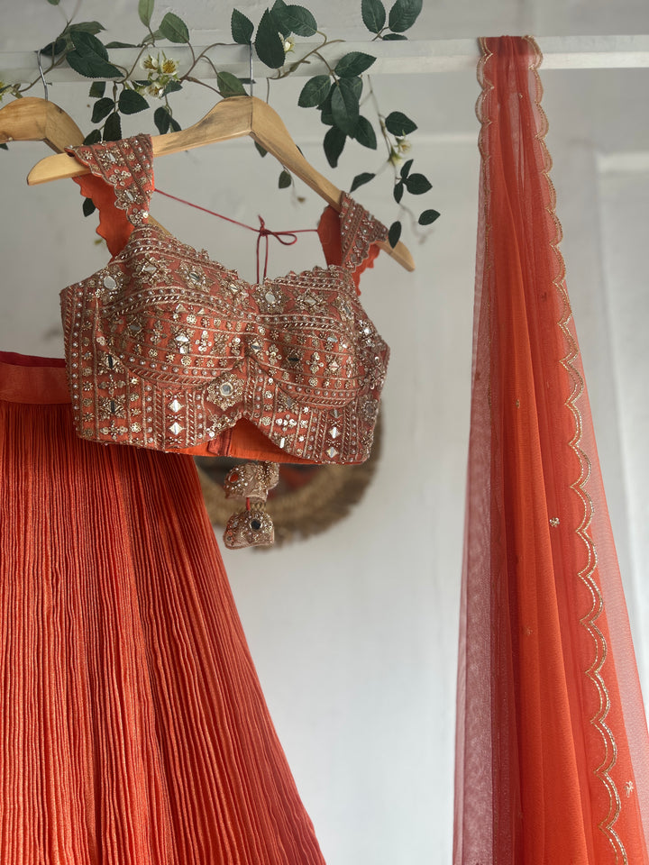 Peachish Orange Tissue Lehenga