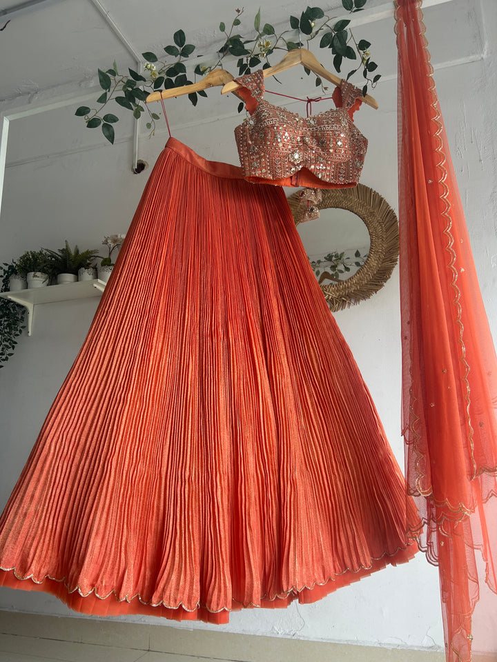 Peachish Orange Tissue Lehenga