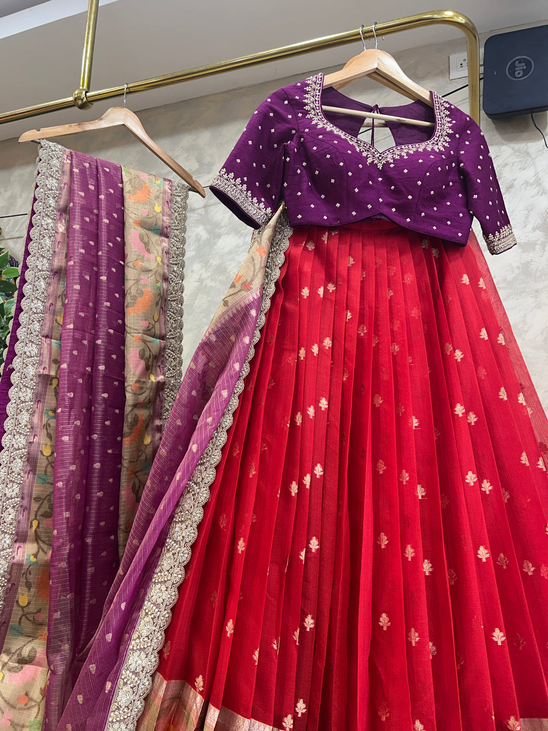 Purple and Red Kota Silk Lehenga